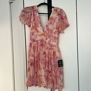 NWT Lulu’s Sunny Evenings Pink Multi Lurex Flutter Sleeve Mini Dress Size Small